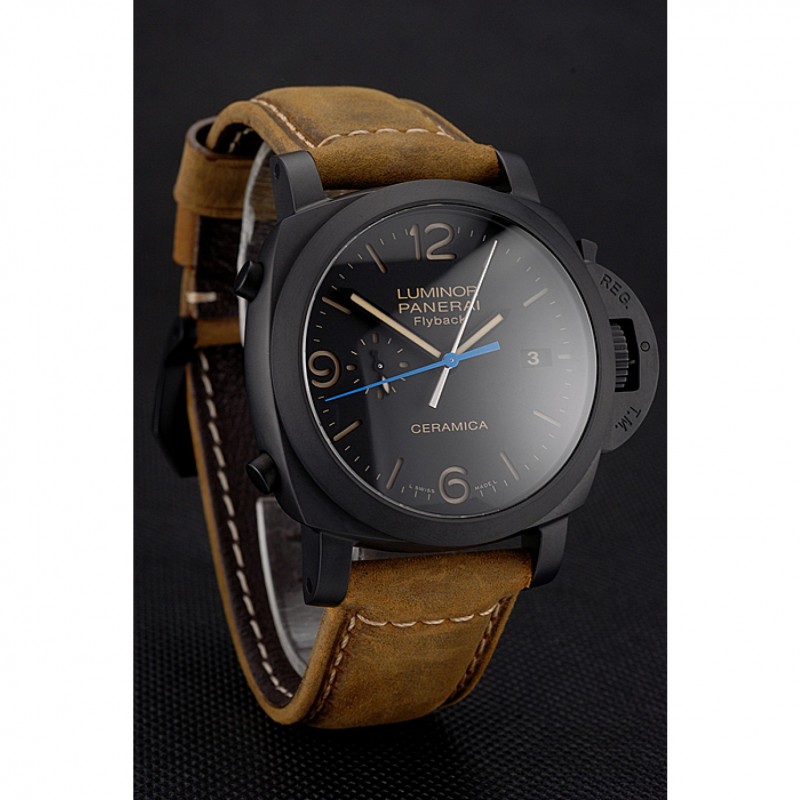 Swiss Panerai Luminor Ceramica Flyback Chronograph Black Dial Black Case Brown Leather Strap-2