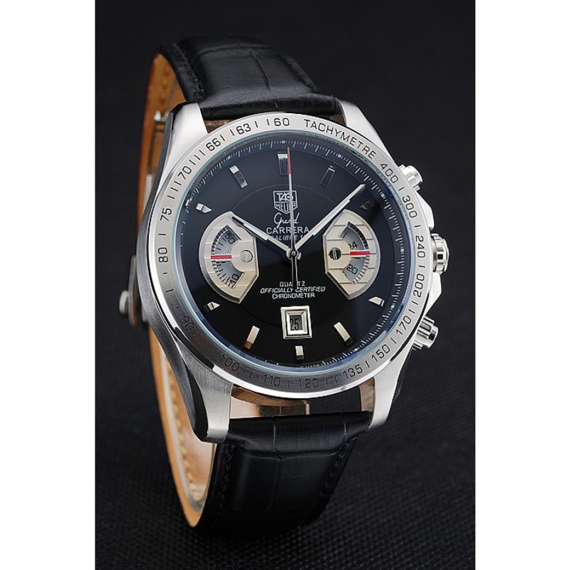 SS Tag Heuer Carrera Tachymeter Bezel Black Dial Black Leather Strap-2