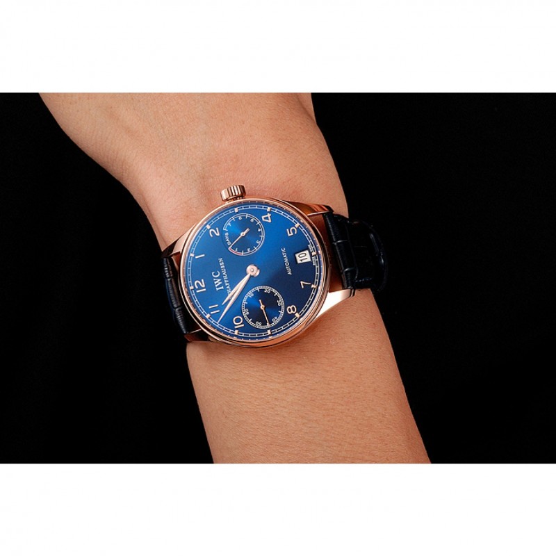 Swiss IWC Portuguese Blue Dial Gold Case Blue Leather Bracelet 1453919-8