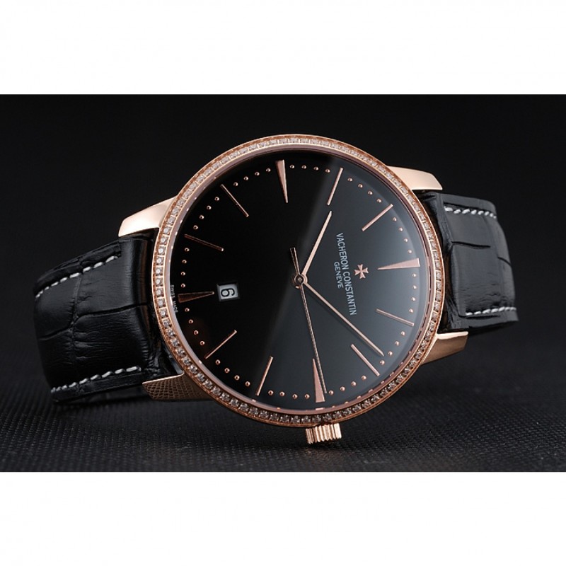 AAA Swiss Vacheron Constantin Patrimony Black Dial Rose Gold Diamonds Case Black Leather Bracelet 1454175-4