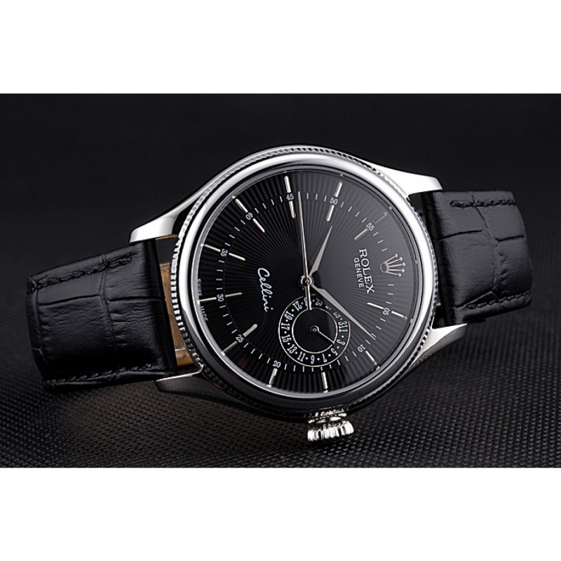 Rolex Cellini Black Dial Stainless Steel Case Black Leather Bracelet 622724-3