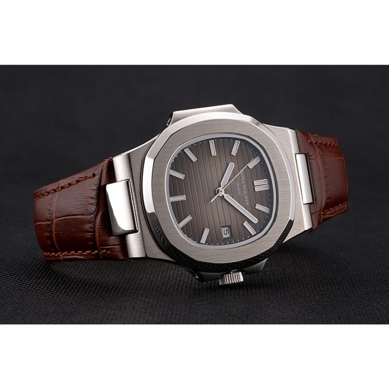 Patek Philippe Nautilus Brown Dial Brushed Stainless Steel Case Brown Leather Strap-3