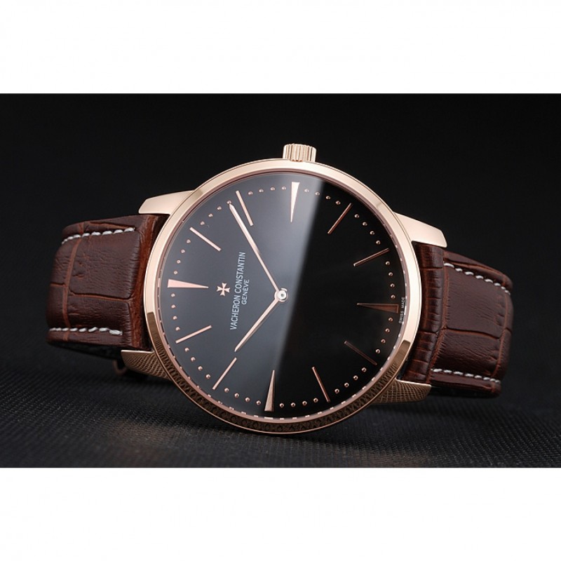 High Quality Swiss Vacheron Constantin Patrimony Grand Taille Black Dial Rose Gold Case Brown Leather Bracelet 1454169-3