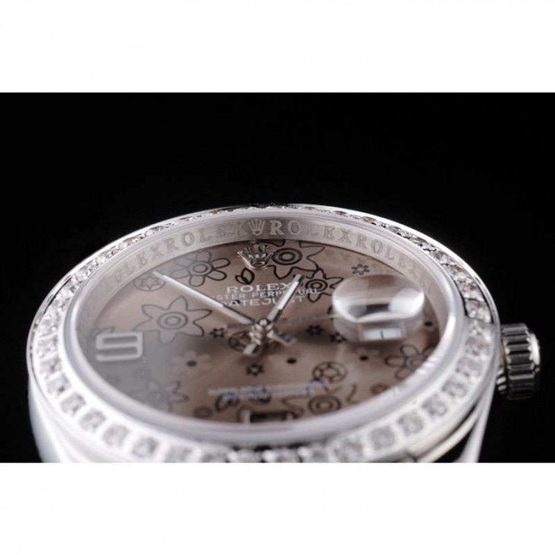 Rolex Datejust Polished Stainless Steel Brown Flowers Dial Diamond Plated-5