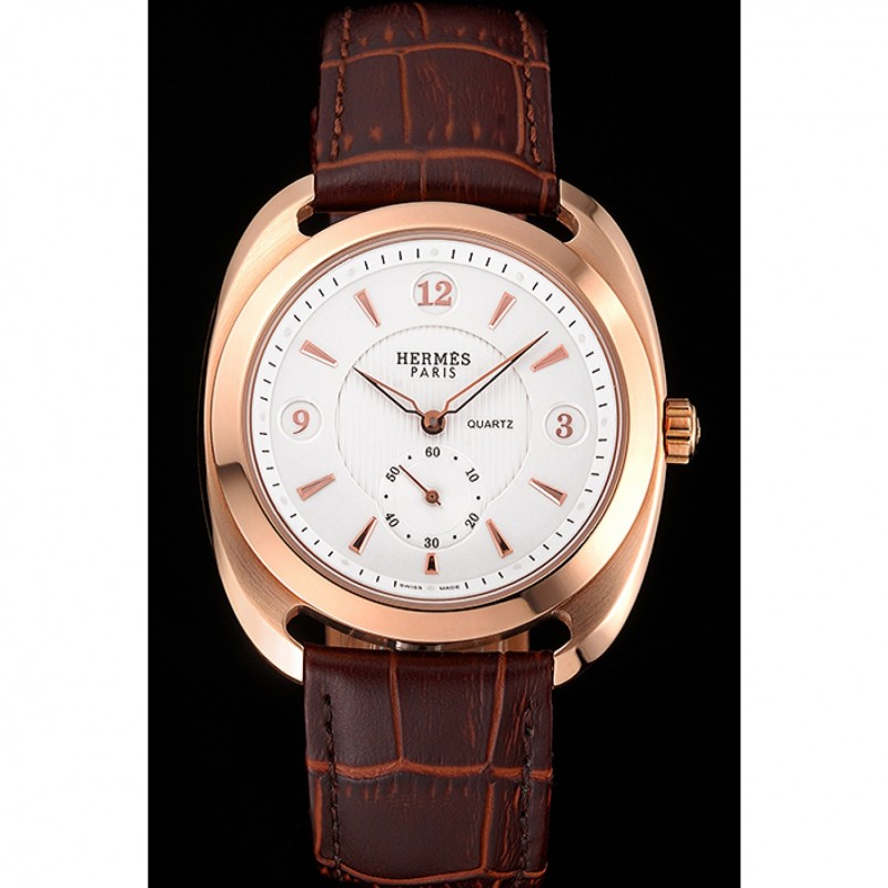 Hermes Dressage White Dial Rose Gold Case Brown Leather Strap-1
