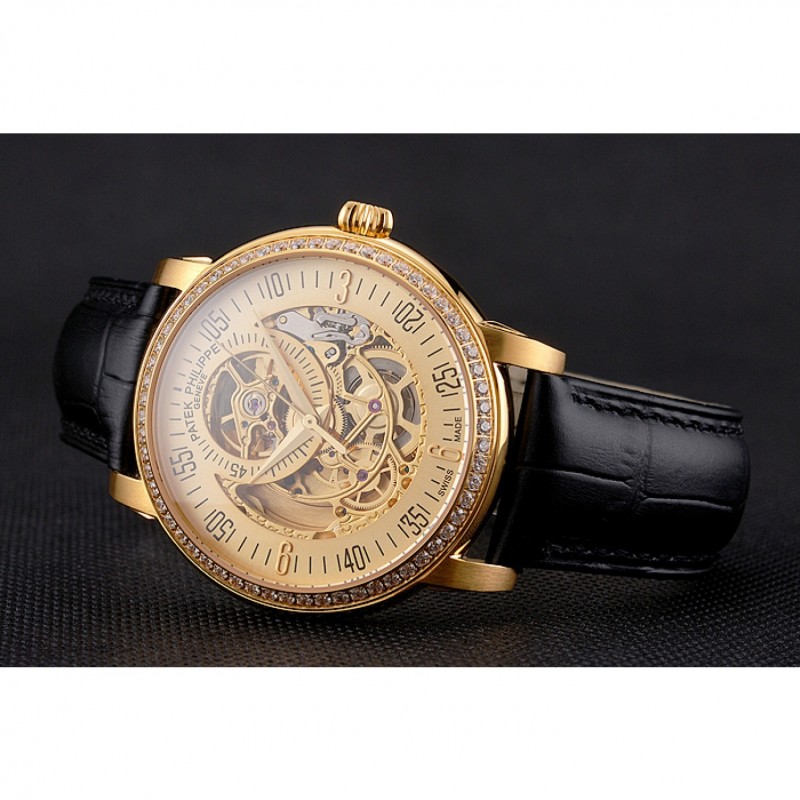 SS Swiss Patek Philippe Complications Openworked Dial Gold Case Diamond Bezel Black Leather Strap-4