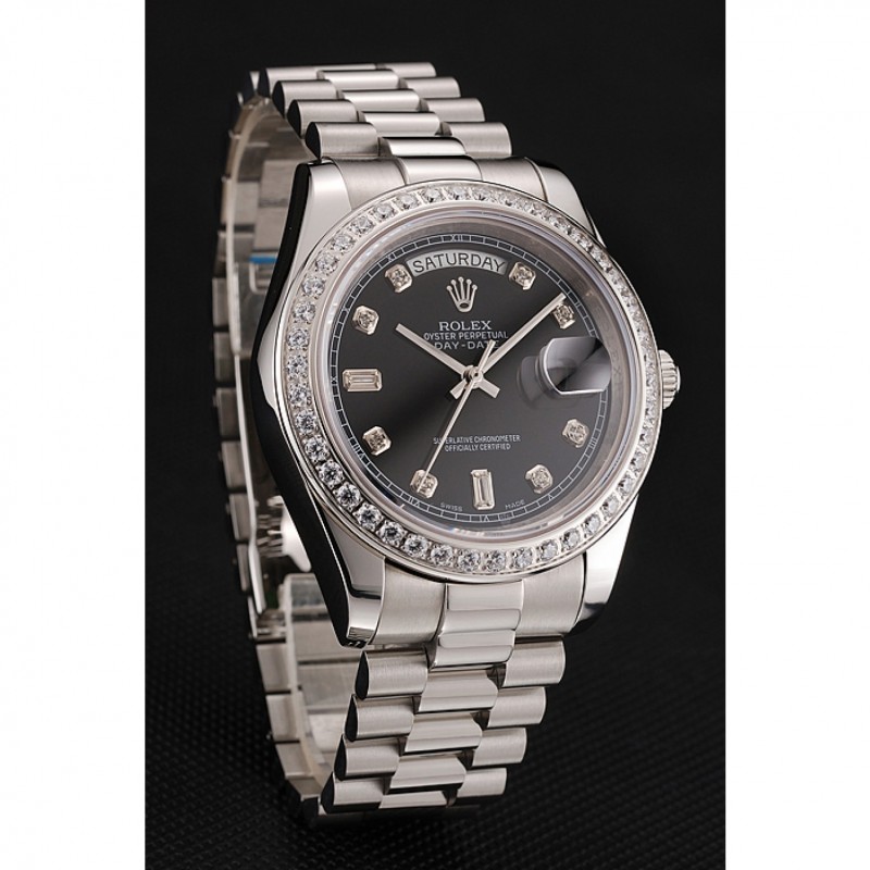 Swiss Rolex Day-Date Black Dial Diamond Case Diamond Numerals Stainless Steel Bracelet 1453966-1