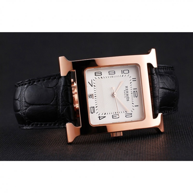 Hermes Heure H White Dial Gold Case Black Leather Strap-4