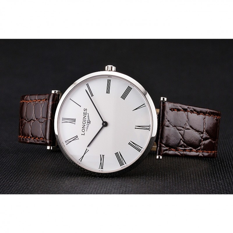 Swiss Longines Grande Classique White Dial Roman Numerals Stainless Steel Case Brown Leather Strap-3