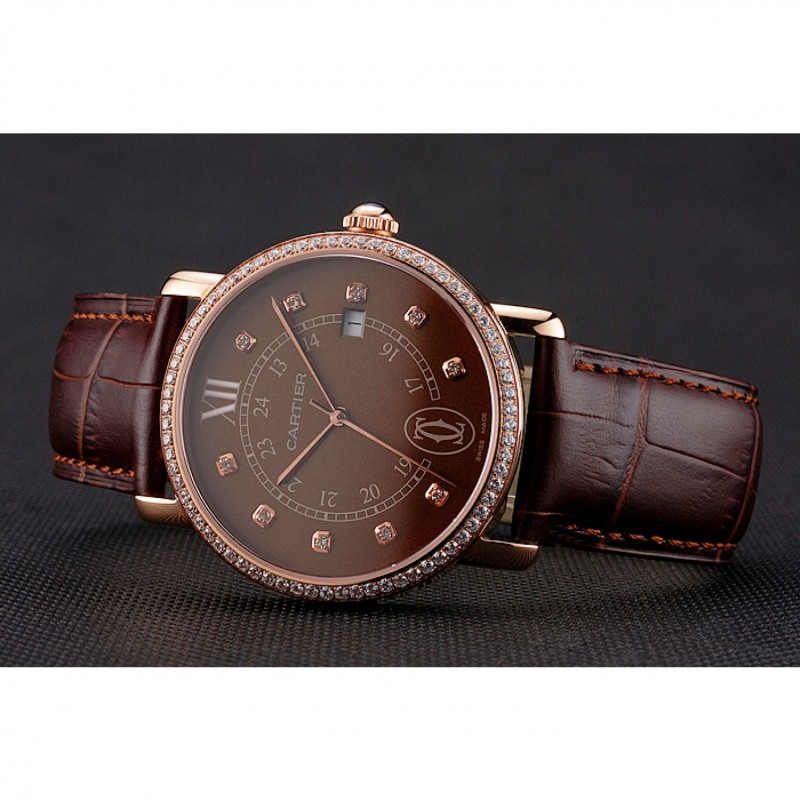 AAA Replica Watches Cartier Ronde Solo Brown Dial Diamond Hour Marks And Bezel Rose Gold Case Brown Leather Strap-3