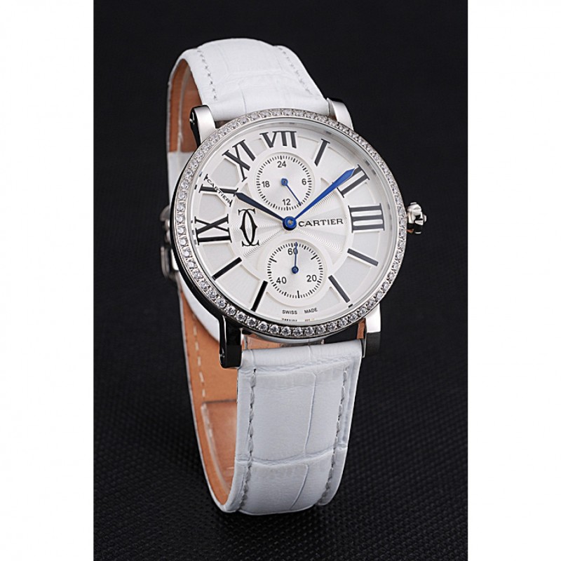 High Quality Replica Watches Cartier Ronde Second Time Zone White Dial Stainless Steel Case With Diamonds White Leather Strap 622803-2