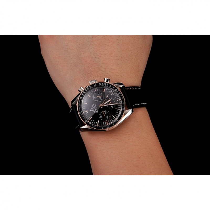 Swiss Omega Speedmaster Professional Black Dial Gold Accents Black Leather Bracelet 1453937-8