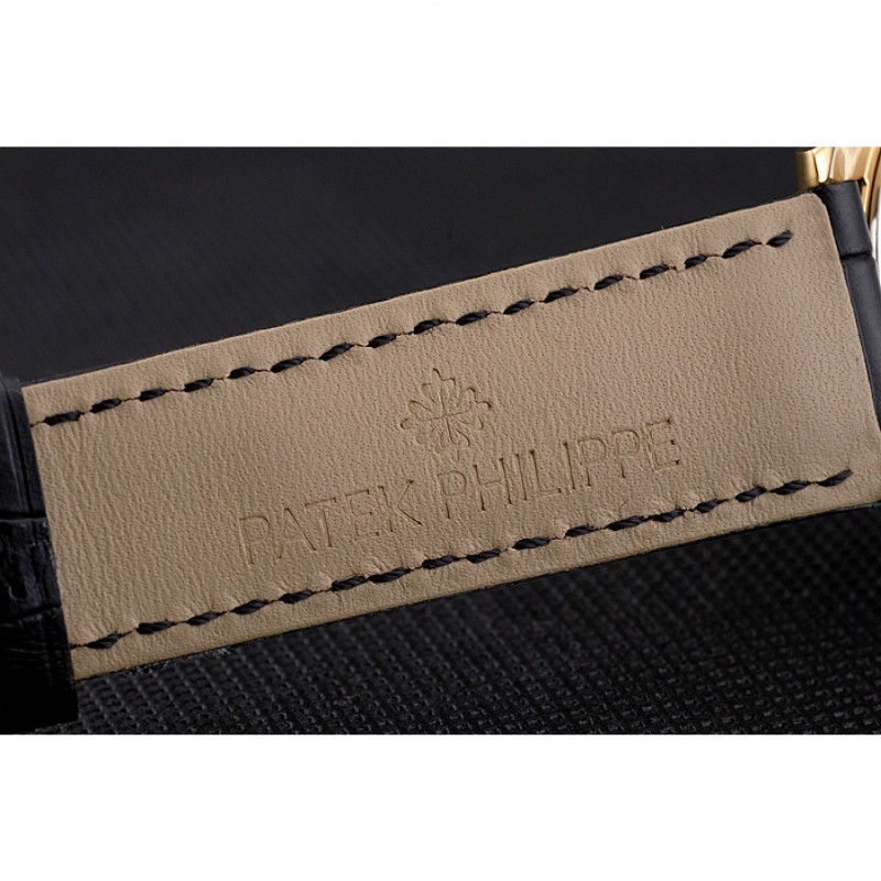 Swiss Patek Philippe Complications Openworked Dial Gold Case Black Leather Strap-6