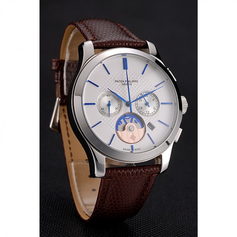 AAA Patek Philippe Chronograph White Dial Blue Hands Stainless Steel Case Brown Leather Strap-2