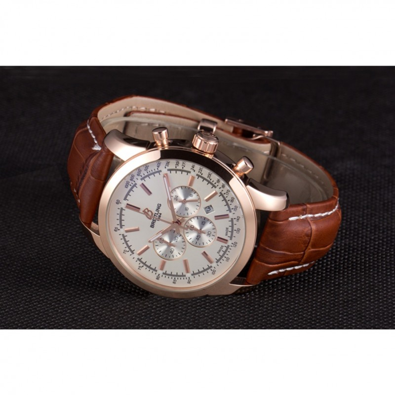 Breitling Transocean White Dial Brown Leather Strap Rose Gold Bezel-3