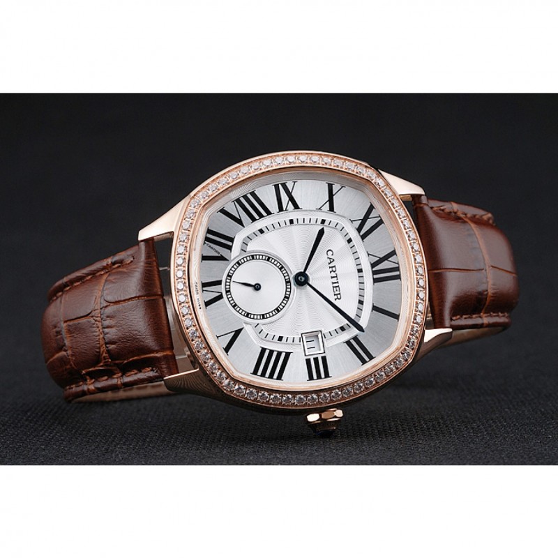 Best Cartier Drive De Cartier White Dial Silver Diamond Case Brown Leather Bracelet 1454216-3