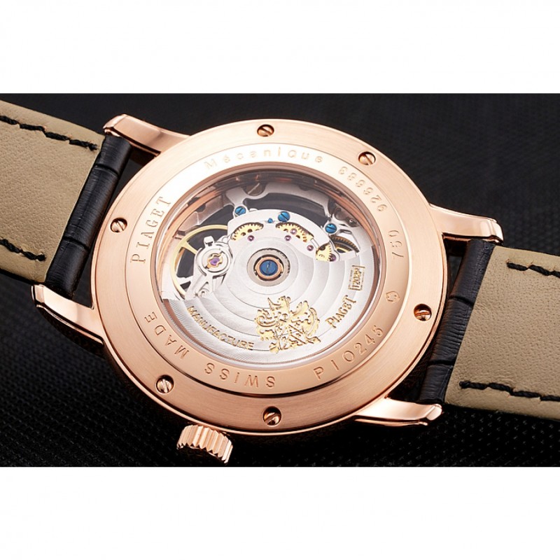 SS Swiss Piaget Altiplano Skeleton Dial With Diamonds Rose Gold Case Black Leather Strap-7