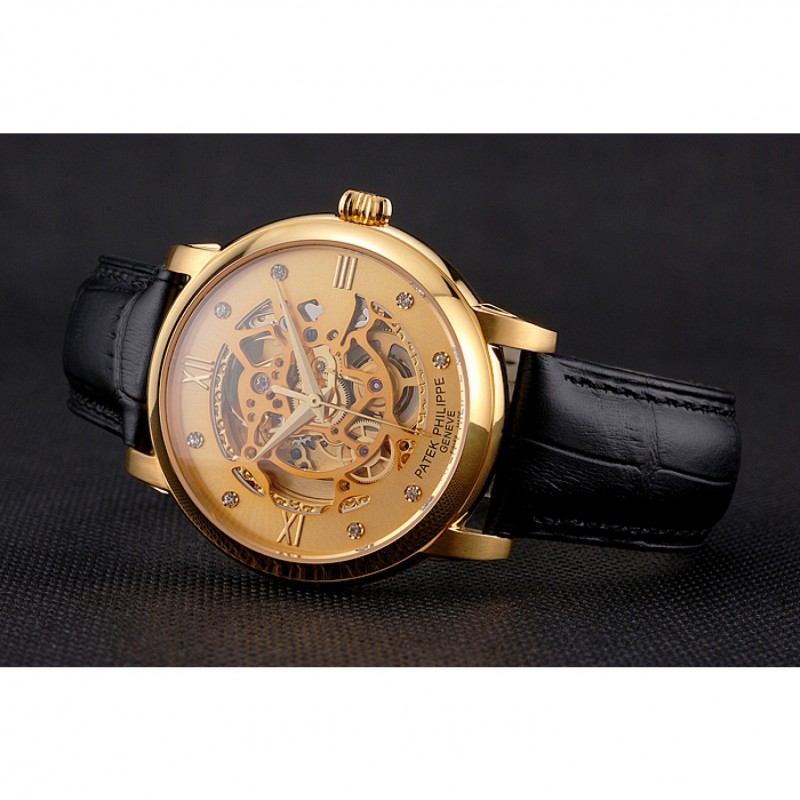 Swiss Patek Philippe Complications Openworked Dial Gold Case Black Leather Strap-3