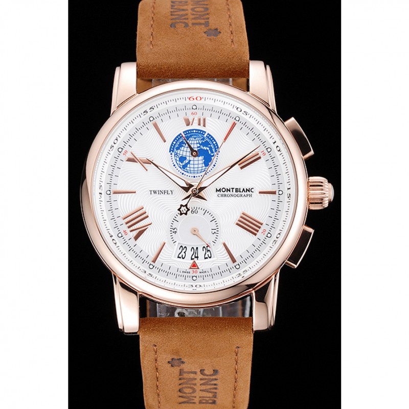 Montblanc Twinfly Chronograph White Dial Brown Suede Leather Bracelet 1454116-1