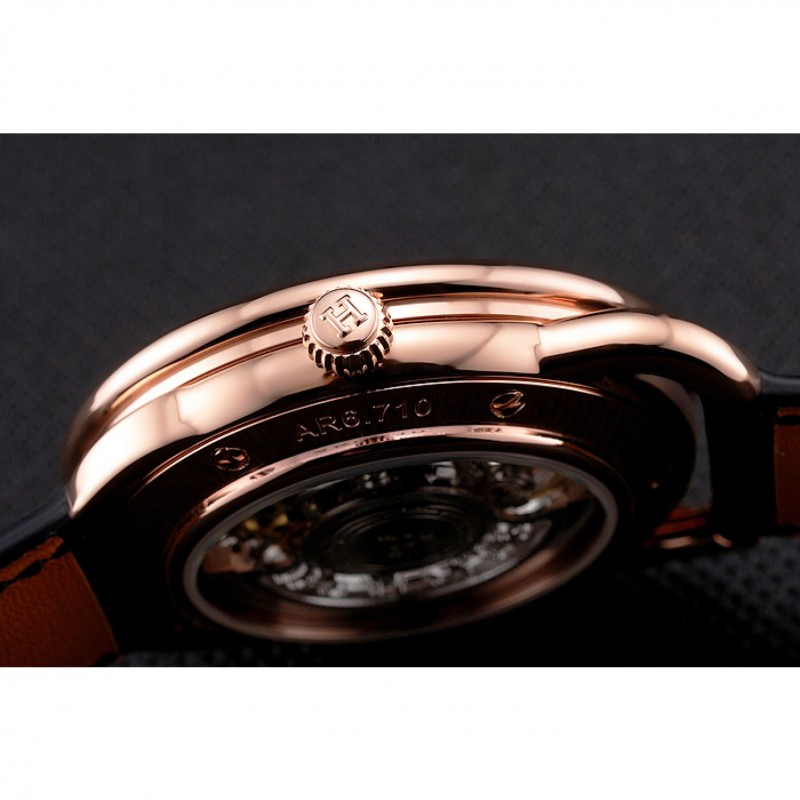 Swiss Hermes Arceau Skeleton Black Dial Brown Hands Rose Gold Case Black Leather Strap-8