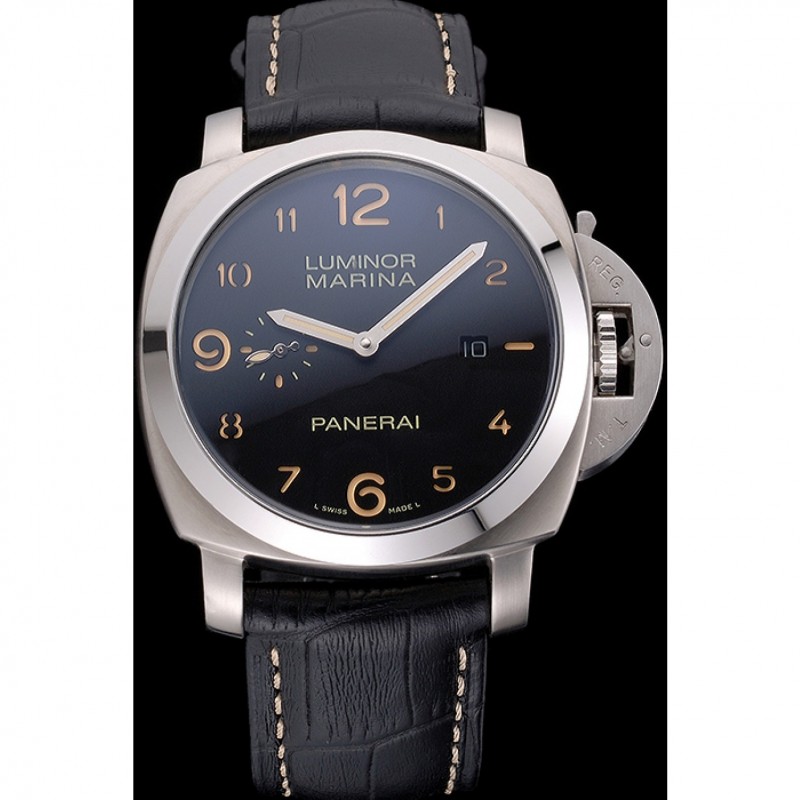 Panerai Luminor Marina 1950 Black Dial Brushed Steel Case Black Embossed Leather Strap-1