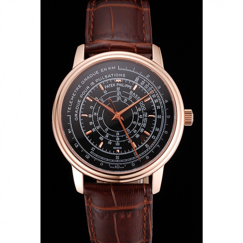 High End Swiss Patek Philippe Multi-Scale Chronograph Black Dial Rose Gold Case Brown Leather Strap-1