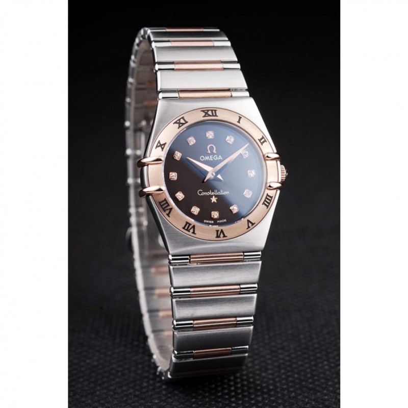 Omega Swiss Constellation Jewelry Rose Gold Case Black Dial 98114-2