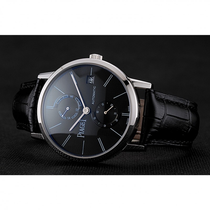 Cheap Piaget Altiplano Date Black Dial Stainless Steel Case Black Leather Strap-3