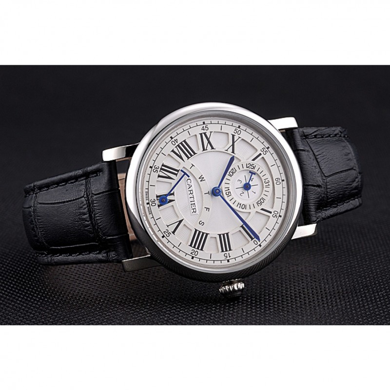 Best Replica Watches Cartier Rotonde White Dial Stainless Steel Case Black Leather Strap 622757-4