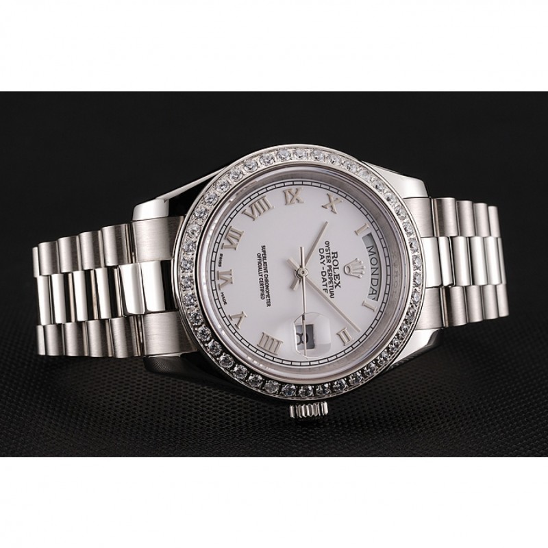 Cheap Swiss Rolex Day-Date White Dial Diamond Case Stainless Steel Bracelet 1453967-2