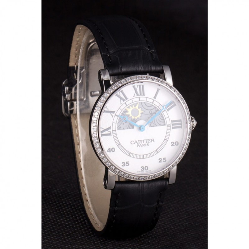 Luxury Replica Watches Cartier Moonphase Silver Watch with Black Leather Band ct255 621374-2