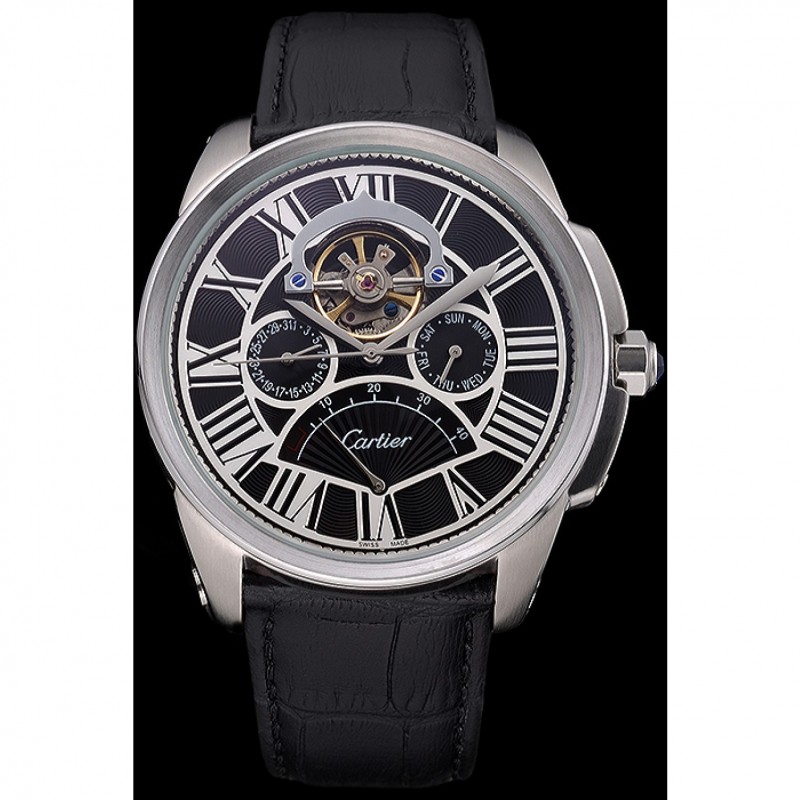 High End Replica Watches Cartier Calibre Tourbillon Black Dial Stainless Steel Case Black Leather Strap 622752-1