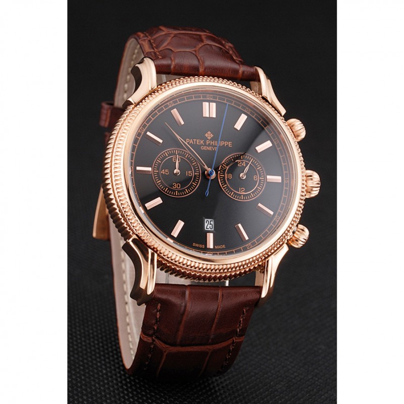 Patek Philippe Chronograph Black Dial Rose Gold Case Brown Leather Strap-2