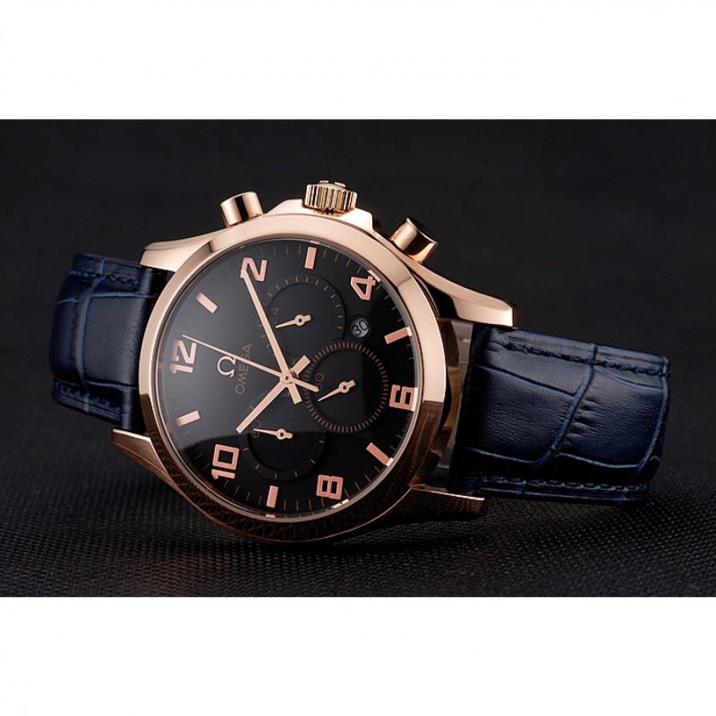 Best Replica Watches Omega Chronograph Black Dial Rose Gold Case Blue Leather Strap-3