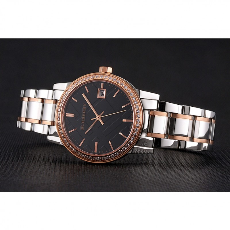 Burberry The City Black Dial Rose Gold Diamond Bezel Stainless Steel Case Two Tone Bracelet-4