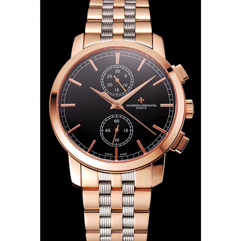 Swiss Vacheron Constantin Patrimony Traditionnelle Chronograph Black Dial Rose Gold Case Two Tone Bracelet 1453758-1