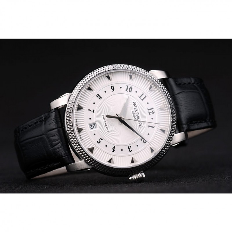 Patek Philippe Swiss Calatrava Ribbed Bezel White Dial Black Leather Strap 7657-3