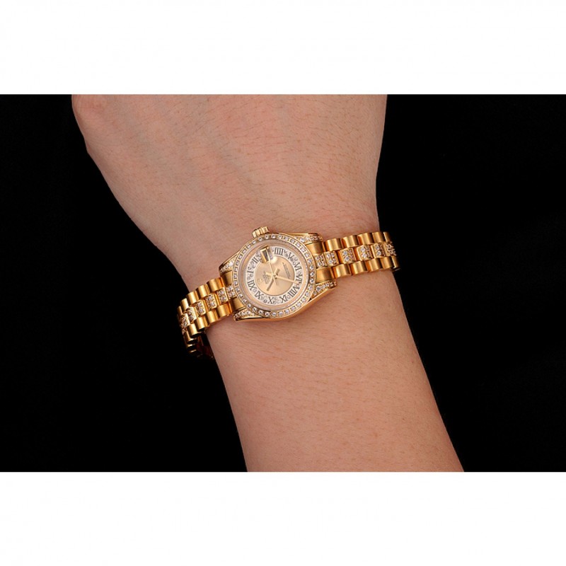 Swiss Rolex DayJust Diamond Pave Gold Dial Gold Diamond Bracelet 1453953-8