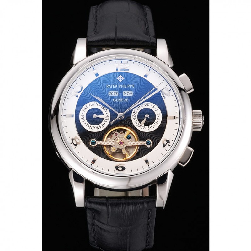 SS Replica Watches Patek Philippe Perpetual Calendar Tourbillon Two Tone Dial Stainless Steel Case Black Leather Strap-1