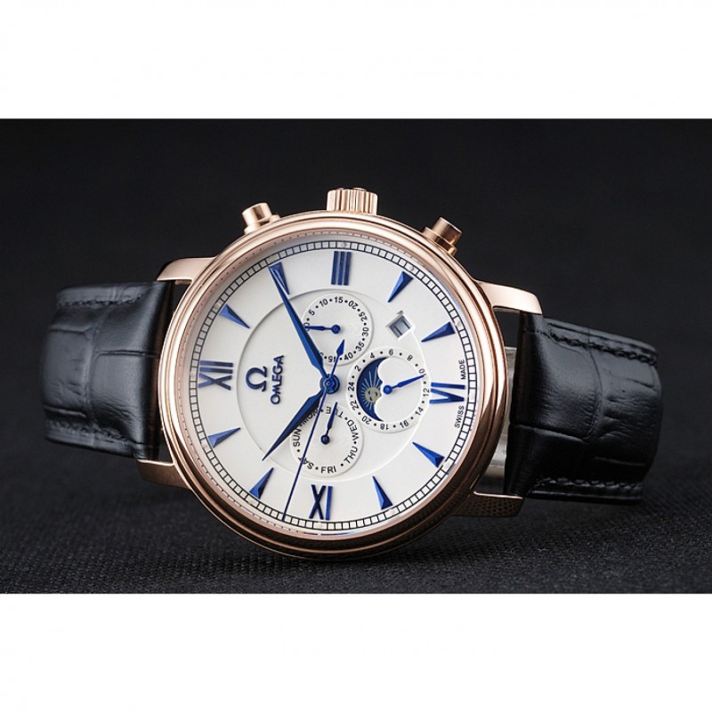 Best Replica Watches Omega De Ville Moonphase White Dial Rose Gold Case Black Leather Bracelet 1454227-3