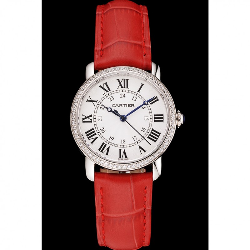 Cartier Ronde White Dial Diamond Bezel Stainless Steel Case Red Leather Strap-1
