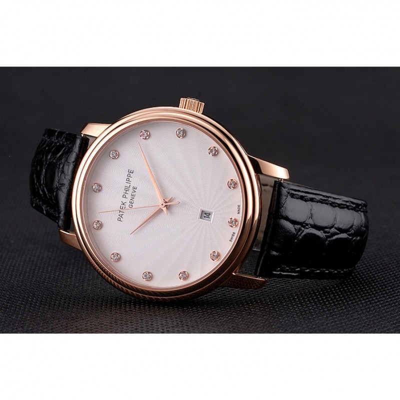 Patek Philippe Calatrava Date White Dial Rose Gold Case Black Leather Strap-4