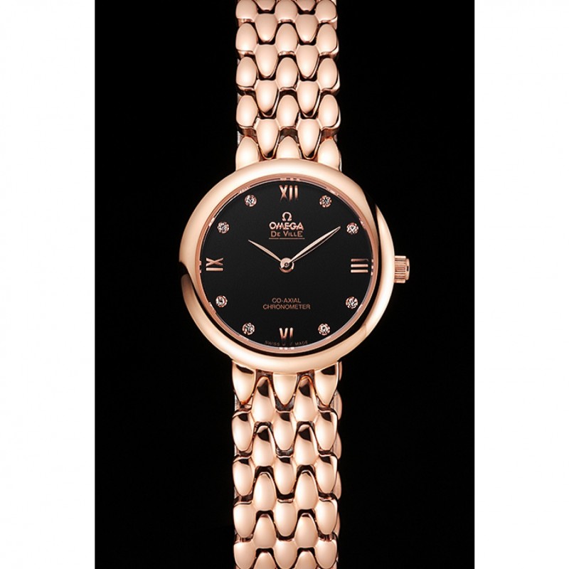 Cheap Omega De Ville Prestige No Date Black Dial With Diamonds Rose Gold Case And Bracelet-1