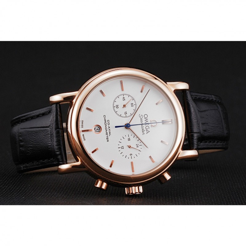 SS Replica Watches Omega Seamaster Vintage Chronograph White Dial Rose Gold Case Black Leather Strap-4