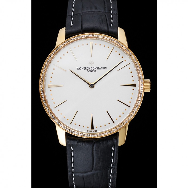 Swiss Vacheron Constantin Patrimony Grand Taille White Dial Gold Diamond Case Black Leather Bracelet 1454181-1