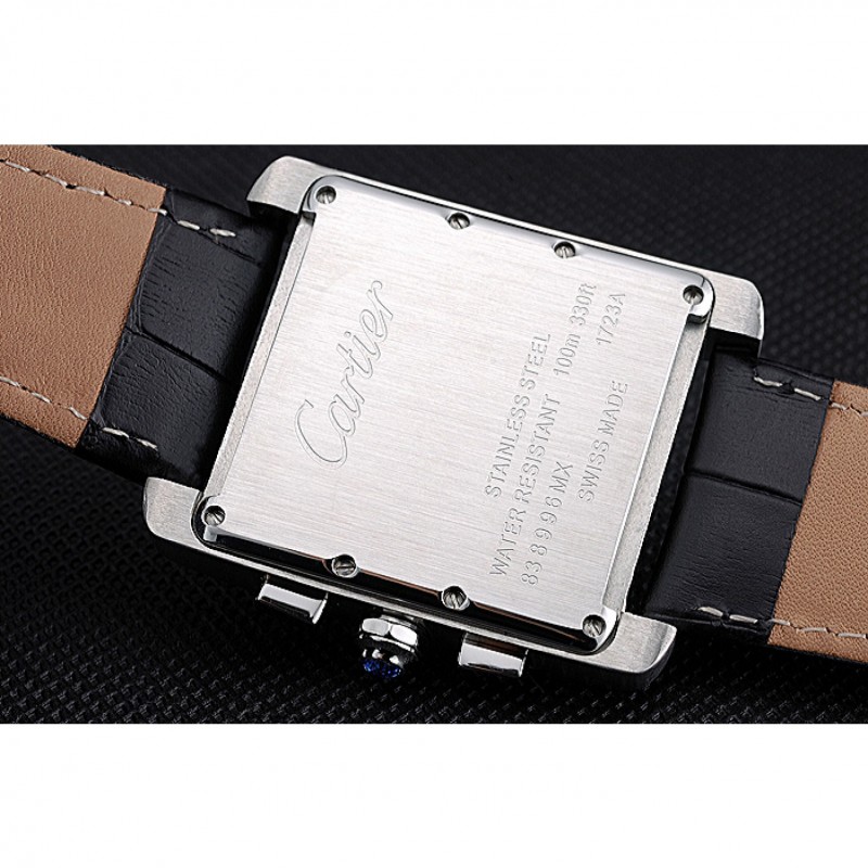 High Quality Replica Watches Cartier Tank MC Black Dial Stainless Steel Case Black Leather Bracelet 622690-8