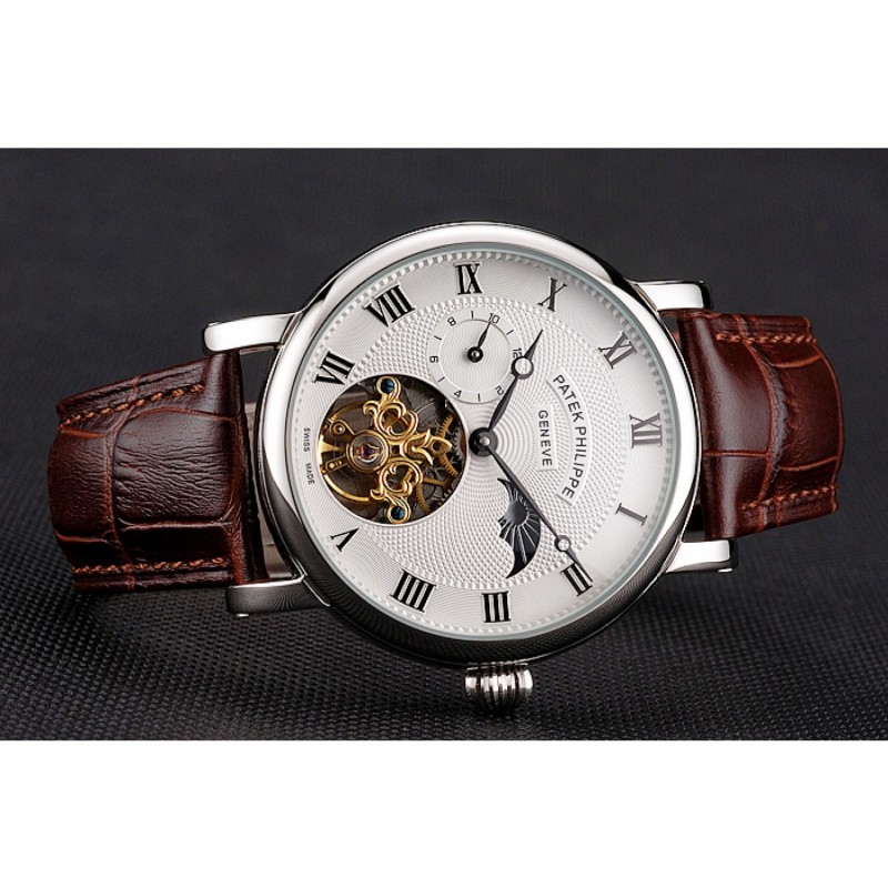 Patek Philippe Complications Moonphase Tourbillon White Dial Stainless Steel Case Brown Leather Strap-3
