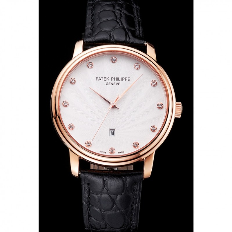 Patek Philippe Calatrava Date White Dial Rose Gold Case Black Leather Strap-1