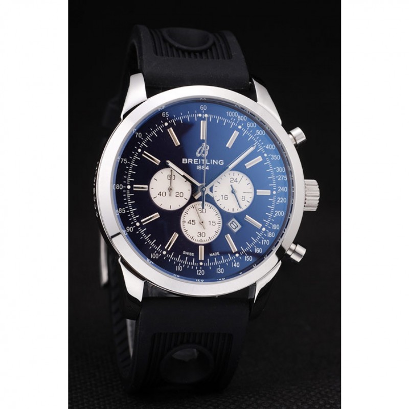 Breitling Transocean Black Dial Black Rubber Strap Polished Stainless Steel Bezel-2