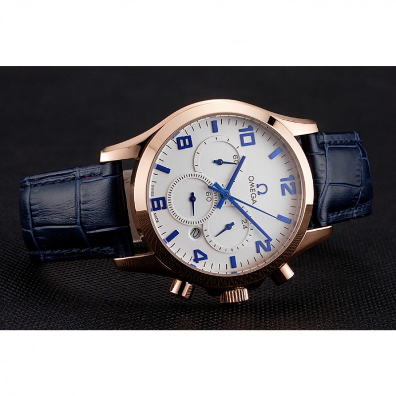 AAA Replica Watches Omega Chronograph White Dial Rose Gold Case Blue Leather Strap-3